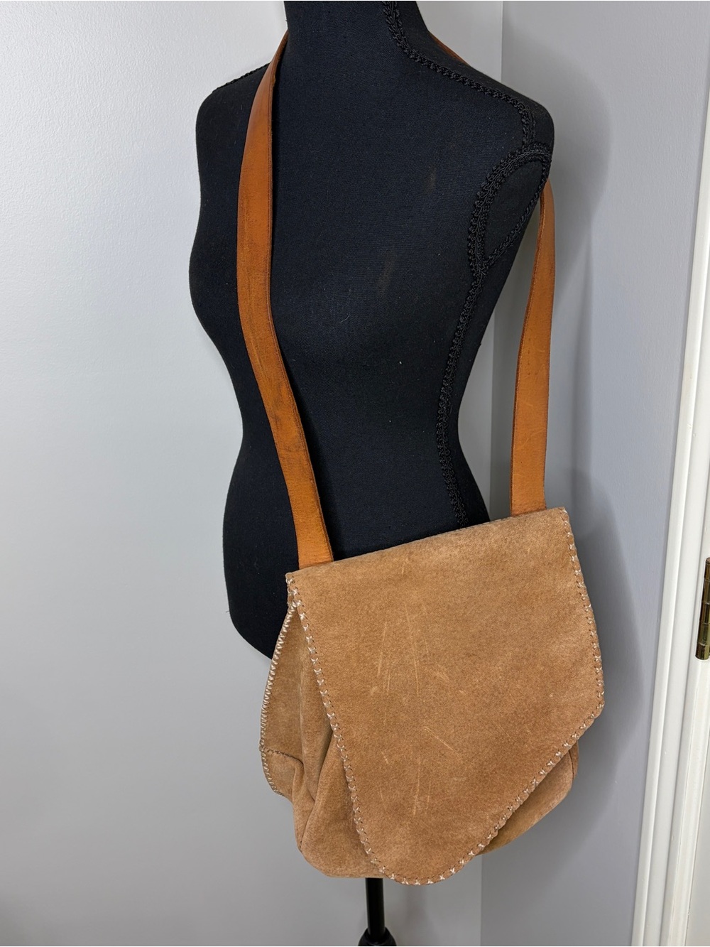 Handcrafted Leather Suede Hand stitched Crossbody Bag in Tan